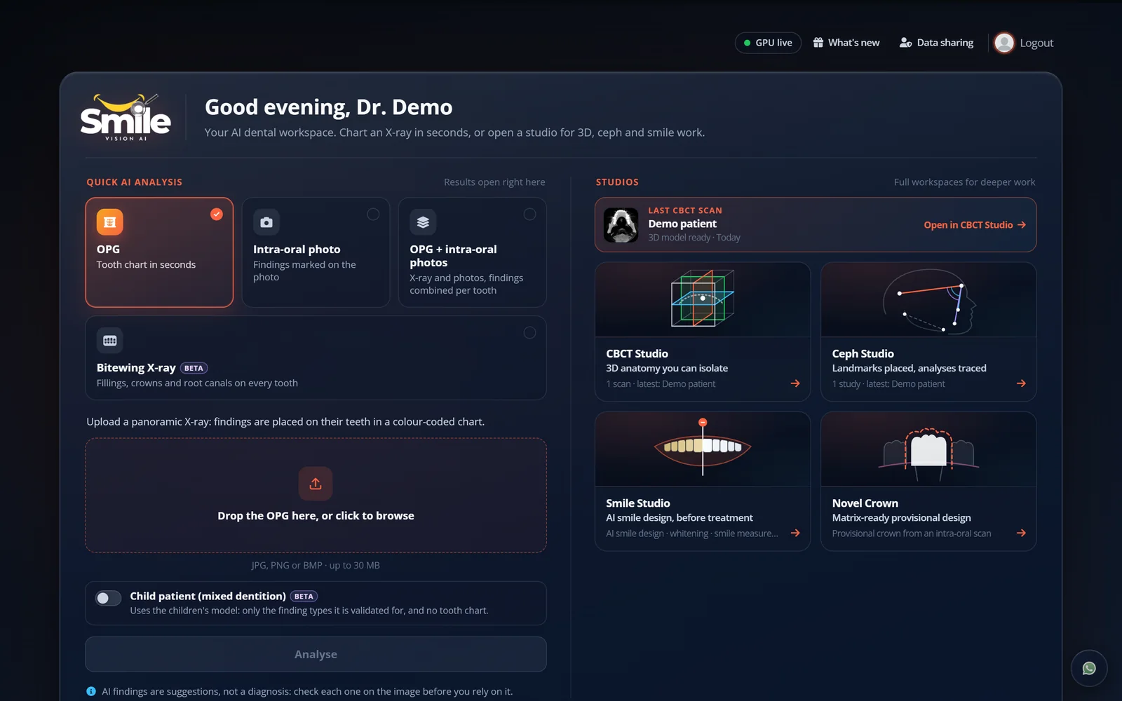 The SmileVision dashboard with every studio