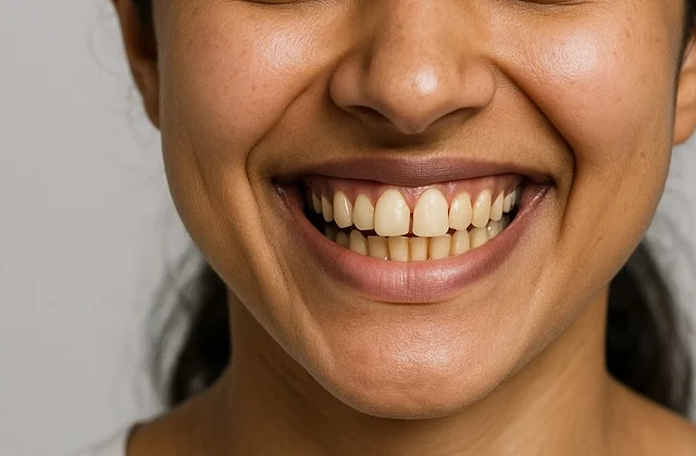 Original smile photo with yellowed, uneven teeth